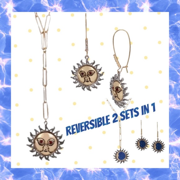 💘2-N-1 REVERSIBLE CELESTIAL SUN HOOK Y-NECKLACE & EARRINGS BLUE - Picture 2 of 10